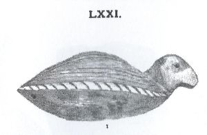 Figurine d’oiseau décrite comme étant un sifflet trouvé à Piliny, Hongrie. Illustration de Joseph Hampel extraite de <i>Trouvailles de l’âge de bronze en Hongrie (Piliny)</i>, Budapest, 1886. Figurine d’oiseau décrite comme étant un sifflet trouvé à Piliny, Hongrie. Illustration de Joseph Hampel extraite de Trouvailles de l’âge de bronze en Hongrie (Piliny), Budapest, 1886.