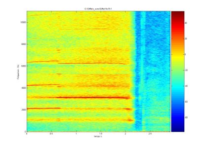 Spectrogramme du sifflet n° 19 joué en augmentant le « souffle ». © PHASE, Université de Toulouse Spectrogramme du sifflet n° 19 joué en augmentant le « souffle ». © PHASE, Université de Toulouse