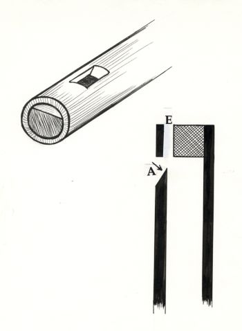 Schéma du principe de la flûte (souffle envoyé vers l'arête du biseau) sur une flûte à conduit, tubulaire comme le <i>duduk bulgare</i>. Le conduit est interne : un bouchon est introduit à l'intérieur du tube pour aménager le conduit d'air. © Marie-Barbara Le Gonidec